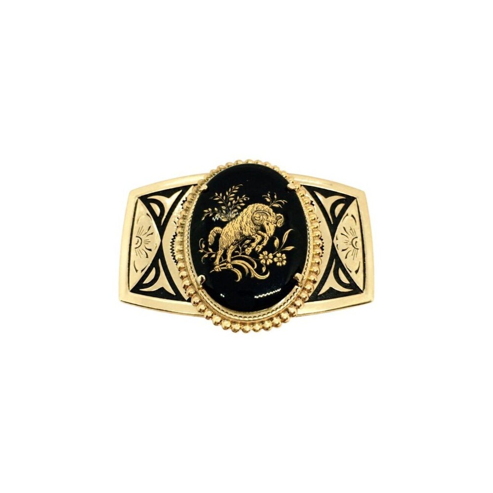 Vintage Ram Belt Buckle Aries Zodiac Black Gold Tone Enamel